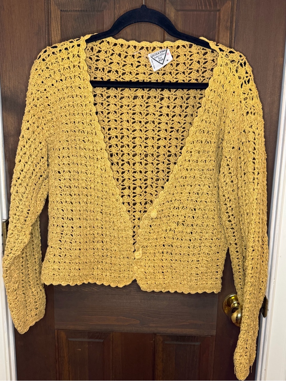 VTG Ultra Pink Crochet Knit Cardigan Sweater Mustard Yellow Crop M/L